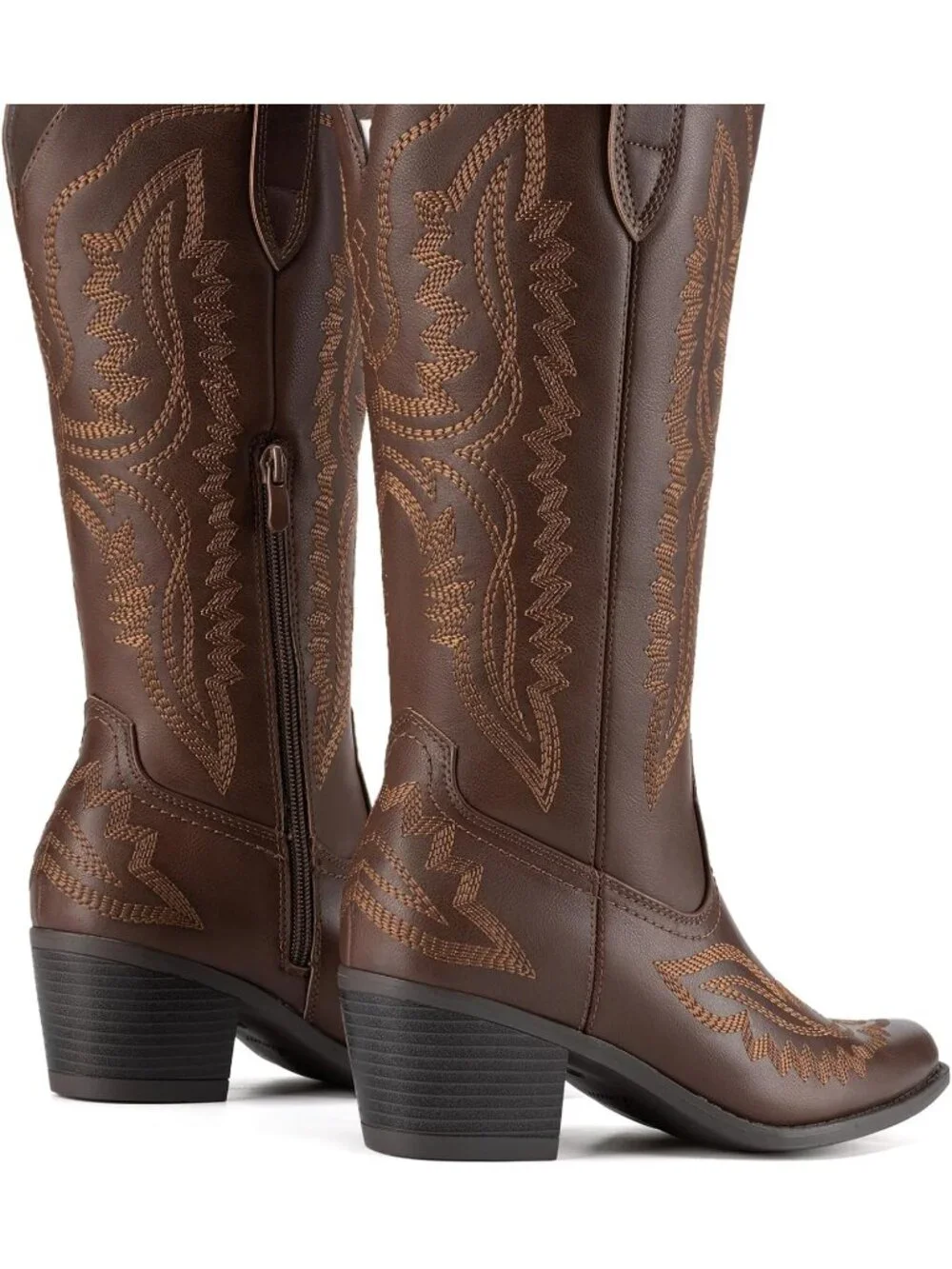 Women's Brown Leather Square Toe Embroidery Western Mid Calf Cowgirl Boots - Picture 5 of 6